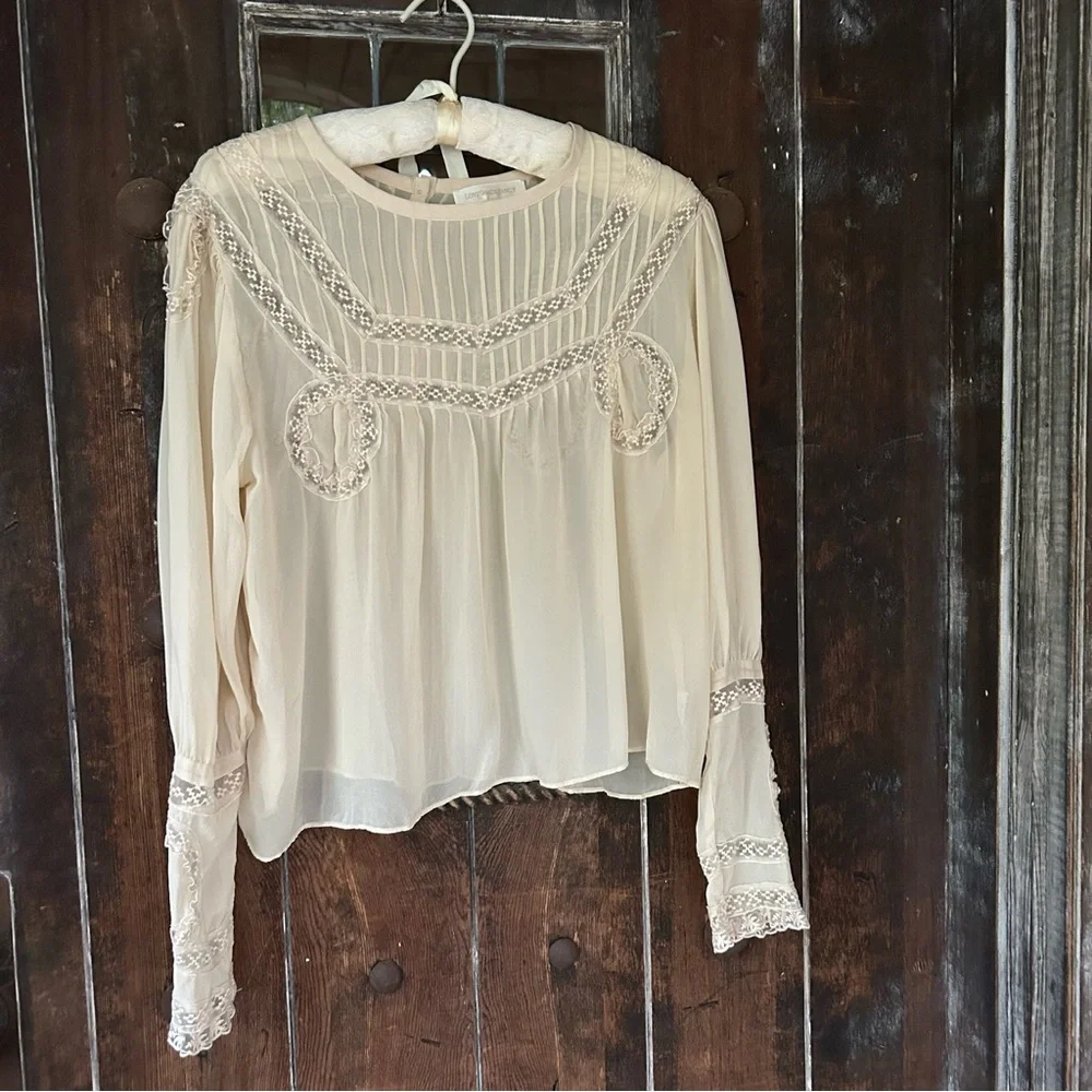 LoveShackFancy | Lace pin tucked Top Blouse Cream Puff Sleeve S